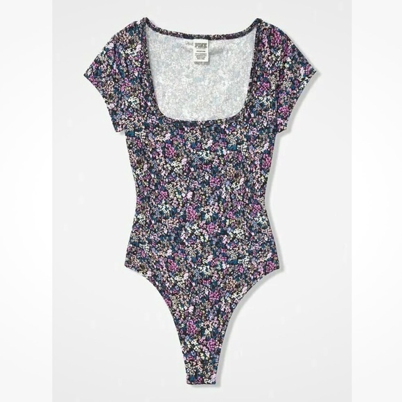 PINK Victoria's Secret Tops - < VS Pink Floral Cotton Short Sleeve Bodysuit >